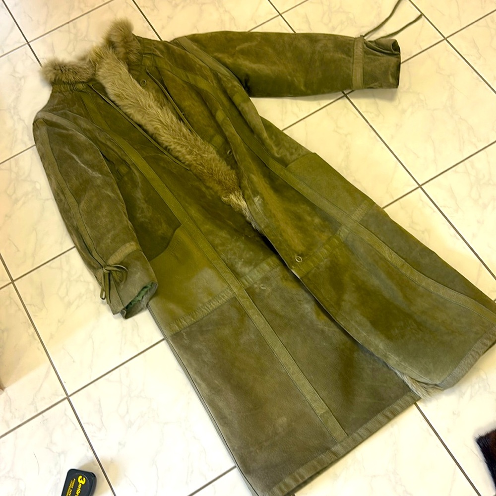 Women's Olive Green Faux Fur Trim Trench Coat